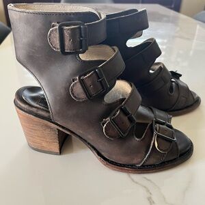 Freebird Quail Brown Multi-Buckle Cutout Block Heel Sandals